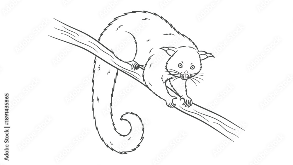 Fototapeta premium Opossum in Tree Branch: A charming illustration of a possum gracefully perched on a tree branch, capturing the essence of the creature in its natural habitat.