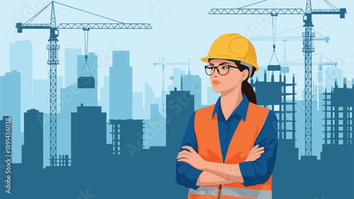 Female construction engineer in a yellow hard hat and safety vest standing with arms crossed at a city building site with cranes and sky.