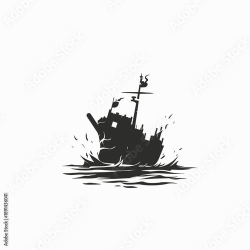 Dynamic black silhouette of a ship in a stormy sea with splashing waves, monochrome vector illustration.
