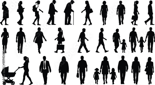 Large collection of diverse people silhouettes walking and standing isolated on white background for lifestyle design.