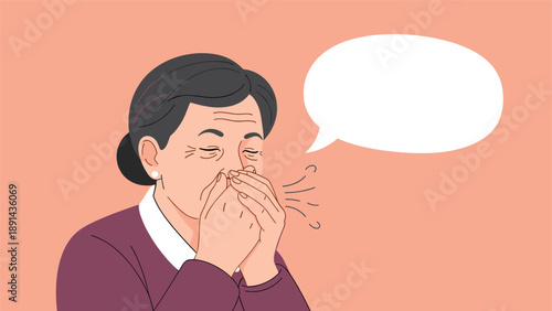 Senior woman covering her mouth while coughing or sneezing next to a large empty speech bubble for health information or text message.