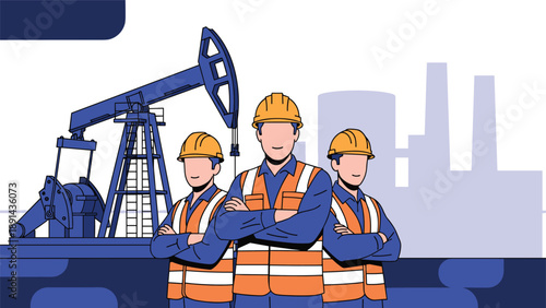 Team of professional engineers in hard hats and safety vests standing with arms crossed in front of an oil pump jack and city skyline.