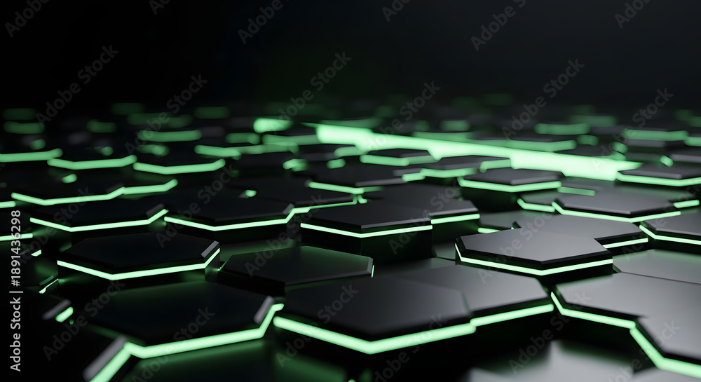 Fototapeta premium Stunning 3D render of a dark technological background featuring interconnected hexagonal tiles illuminated by vibrant neon green light. Perfect for gaming, sci-fi design, data security concepts