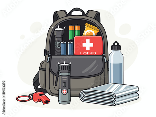 A large bag containing a flashlight, batteries, first aid kit, food, water bottle. Preparation for 7 days without electricity Concept. Vector graphic illustration