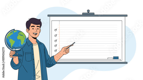 Enthusiastic male teacher holding a globe while pointing at a large presentation board with a checklist for an interactive geography class.