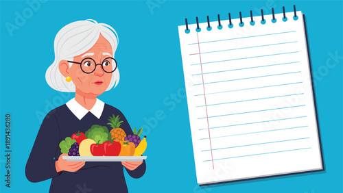 Senior woman with gray hair holding a plate of fresh healthy fruits and vegetables next to a blank spiral notebook for diet and recipes.