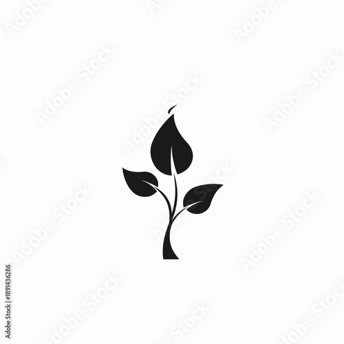 Minimalist Black Silhouette of a Young Plant Sprout with Three Leaves. Vector Icon Symbolizing Growth and Nature.