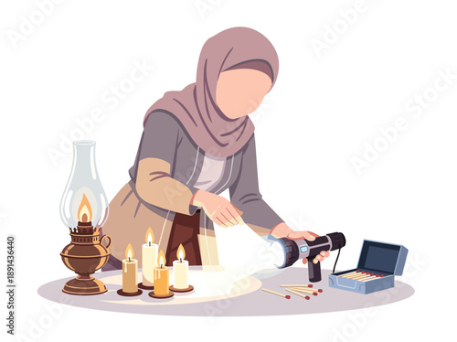 A woman wearing hijab examining oil lamps, candles, flashlights, and matchsticks. Preparation for 7 days without electricity Concept. Vector graphic illustration