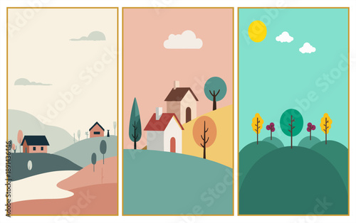 Set of three minimalist countryside landscapes in a charming flat design style. Illustrations featuring small cottages, rolling green hills, winding rivers, and colorful autumn trees under a soft sun.