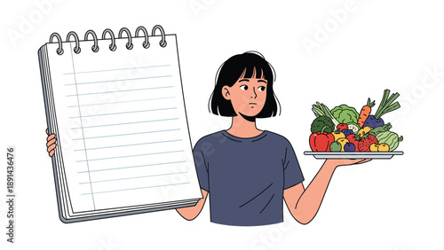 Young woman holding a plate of fresh organic vegetables while holding a large blank spiral notepad for diet planning and healthy recipes.