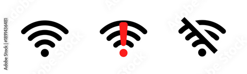 Wireless and wifi icon set. Internet connection, wireless problem icons. Wifi signal and wifi warning icon with alert notice sign. wireless wifi off icon