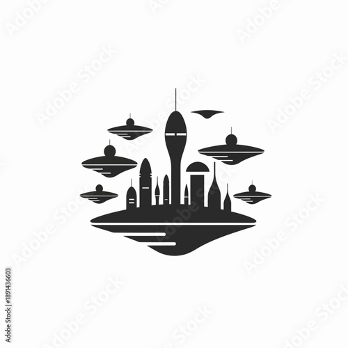 Futuristic sci-fi city silhouette with flying saucers hovering over an alien urban landscape, advanced civilization concept