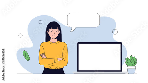 Smiling young woman in yellow sweater standing near laptop computer with empty speech bubble and potted plant.