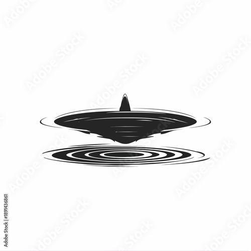 Minimalist flying saucer UFO illustration in black and white. Abstract alien spacecraft with energy ripples hovering concept.