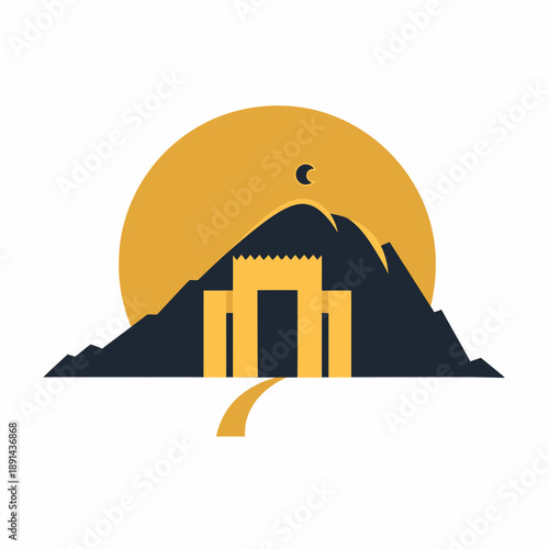 Abstract golden sun over stylized mountain landscape with ancient temple gateway and winding path. Flat design illustration.