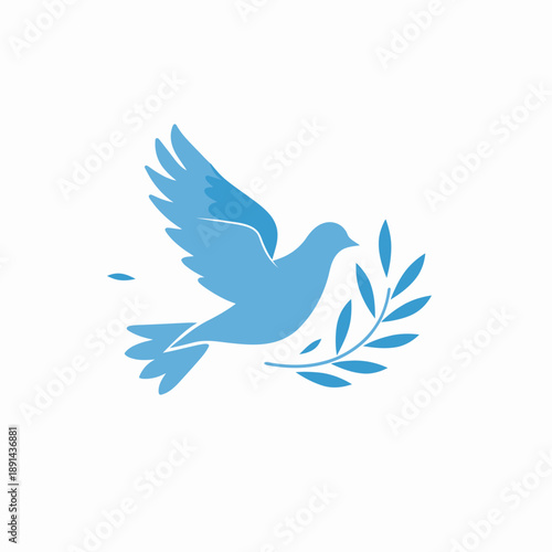 Blue flying dove silhouette with olive branch, a universal symbol of peace, freedom, and hope. Vector illustration.