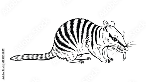 Numbat Sketch: A detailed line drawing of a Numbat, showcasing its unique striped coat and slender, pointed nose, highlighting its distinct form.