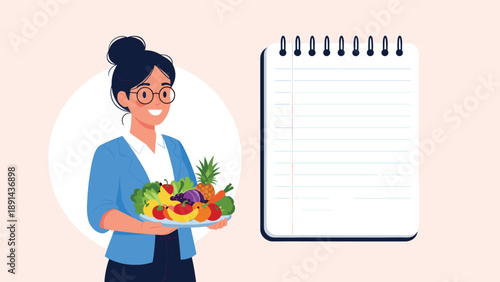 Smiling woman holding healthy plate of fresh fruits and vegetables standing next to large blank spiral notebook.