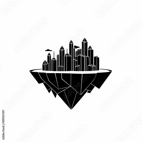 Floating City Skyline Illustration on Abstract Island. Modern Urban Buildings Silhouette Graphic Design Concept for Future Living