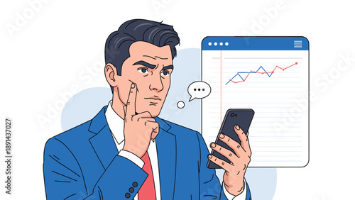 Pensive businessman in suit looking at stock market growth chart on smartphone screen with thinking bubble icon.