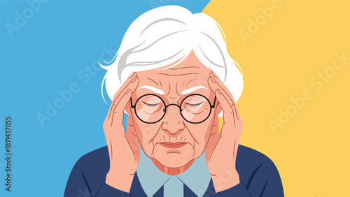 Elderly woman with white hair and glasses pressing hands to temples suffering from severe headache or migraine.