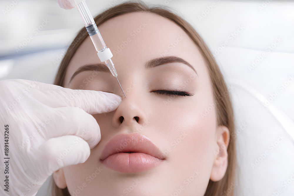 Naklejka premium woman receiving non-surgical nasal narrowing treatment with crystal cortisone injection performed by a doctor in a modern aesthetic clinic