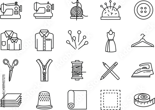 Collection of essential sewing and tailoring icons representing various tools and concepts for garment creation and textile craft projects