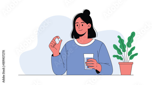 Young woman in a blue sweater holding a medicine pill and a glass of water next to a houseplant on a table.