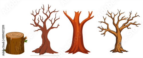 Set of four hand-drawn vector illustrations featuring a tree stump and various leafless bare trees. Minimalist flat design style isolated on a white background, perfect for autumn, winter, or forest-t