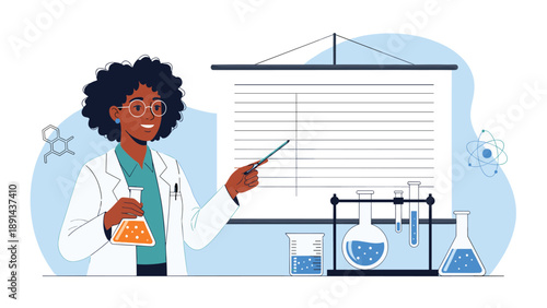 Black female scientist in a lab coat pointing at a large blank whiteboard with chemistry equipment on a table.