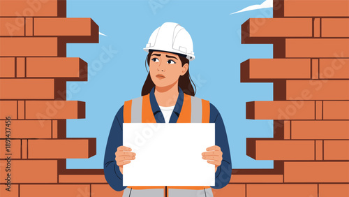Worried female construction worker holding a blank white sign board in an opening of an unfinished brick wall.