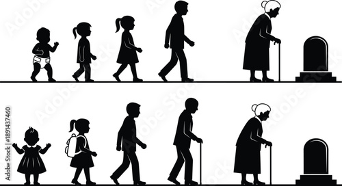 Human life cycle silhouette set showing stages from childhood to old age and death.