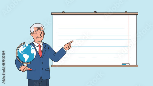 Senior male professor holding a desk globe and pointing towards a large classroom whiteboard for geography lessons.