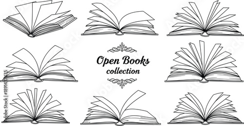 Open book line art vector collection featuring hand drawn sketch pages, reading symbols, education icons, literature designs, and library illustration set