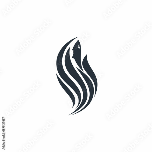 Abstract stylized black flame symbol with dynamic flowing lines on a white background, concept of energy, power, or transformation.