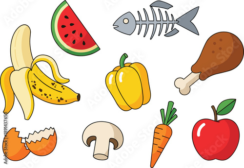 Food icon vector set featuring fruits vegetables meat fish eggs mushrooms carrots apples bananas watermelon and grocery ingredient illustrations