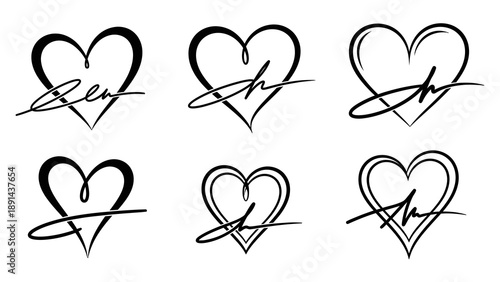 Set of elegant heart shape logo designs with cursive calligraphy handwriting signature elements for romance wedding branding valentines day events luxury jewelry business identity and love cards