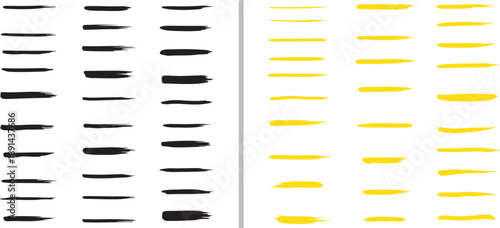 A collection of clean black and yellow vector brush strokes featuring straight and tapered horizontal lines, ideal for minimalist accents, underlines, and hand-drawn digital design elements.