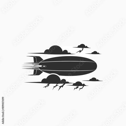 Retro Zeppelin Airship Flying Through Clouds. Vintage Blimp Transport Silhouette Illustration Graphic in the Sky.