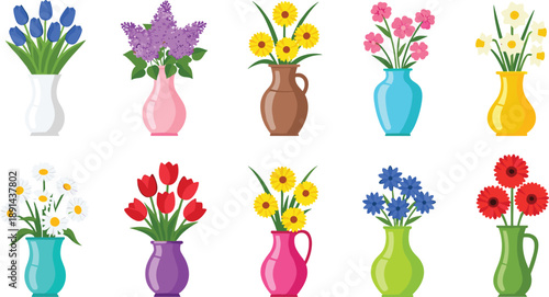 Flower vase vector illustration set featuring colorful bouquets in decorative pots, spring blossoms, garden plants, and floral home decor elements
