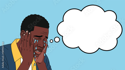 Sad black man crying with tears and hands on his face with a blank thought bubble for emotional thoughts.