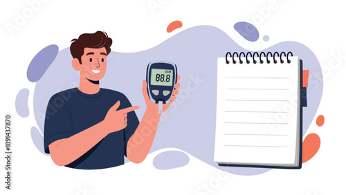 Young man showing glucose meter with blood sugar reading while standing next to blank notepad for recording health data.