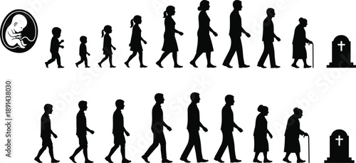 Set of Walking People and Family Silhouettes in Different Daily Life Poses