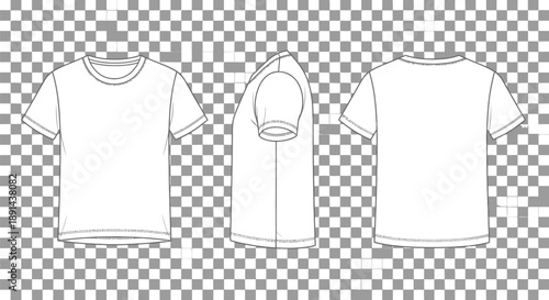 Blank white short sleeve crew neck t shirt mockup templates displayed from front side and back views perfect for apparel design visualization.
