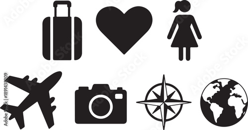 Collection of travel and adventure icons including suitcase airplane heart female figure camera compass and globe .silhouette degin