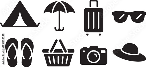 Collection of black travel and leisure icons on a transparent background illustrating summer vacation activities .silhouette degin