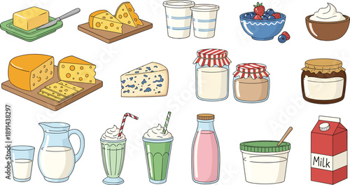 Dairy food vector illustration set featuring milk bottles, yogurt, cheese blocks, butter, cream desserts, jars, smoothies, and farm fresh product collection