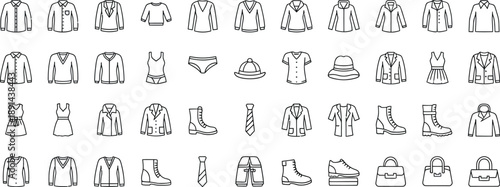 Collection of various clothing and apparel icons presented in a clean outline style for digital design and fashion applications