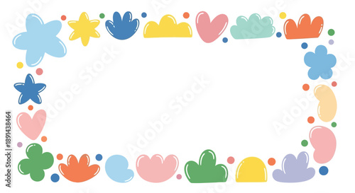 Playful frame featuring an array of cartoon shapes and pastel colors creating a cheerful design