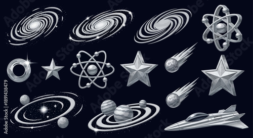Collection of silver space objects, including galaxies, stars, planets, and spacecraft illustrations